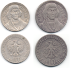 Polish 10-złoty coins with Copernicus on obverse, minted 1968 (left) and 1959.
