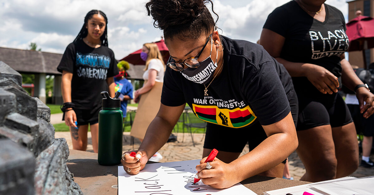 Protests continue for the ninth day in Louisville, Kentucky on Friday, June 5, 2020, after the recent deaths of Breonna Taylor and George Floyd. Students created signs on the Bellarmine Quad.