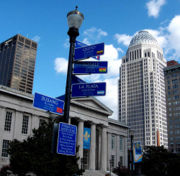 The distances to each of Louisville's sister cities are represented on this downtown light post.