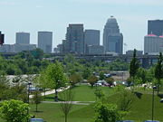 The Louisville Waterfront Park exhibits rolling hills, spacious lawns and walking paths on Louisville's waterfront in the downtown area.