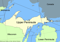 The Upper Peninsula is bordered by Northern Wisconsin, Lake Superior, Lake Huron and Lake Michigan