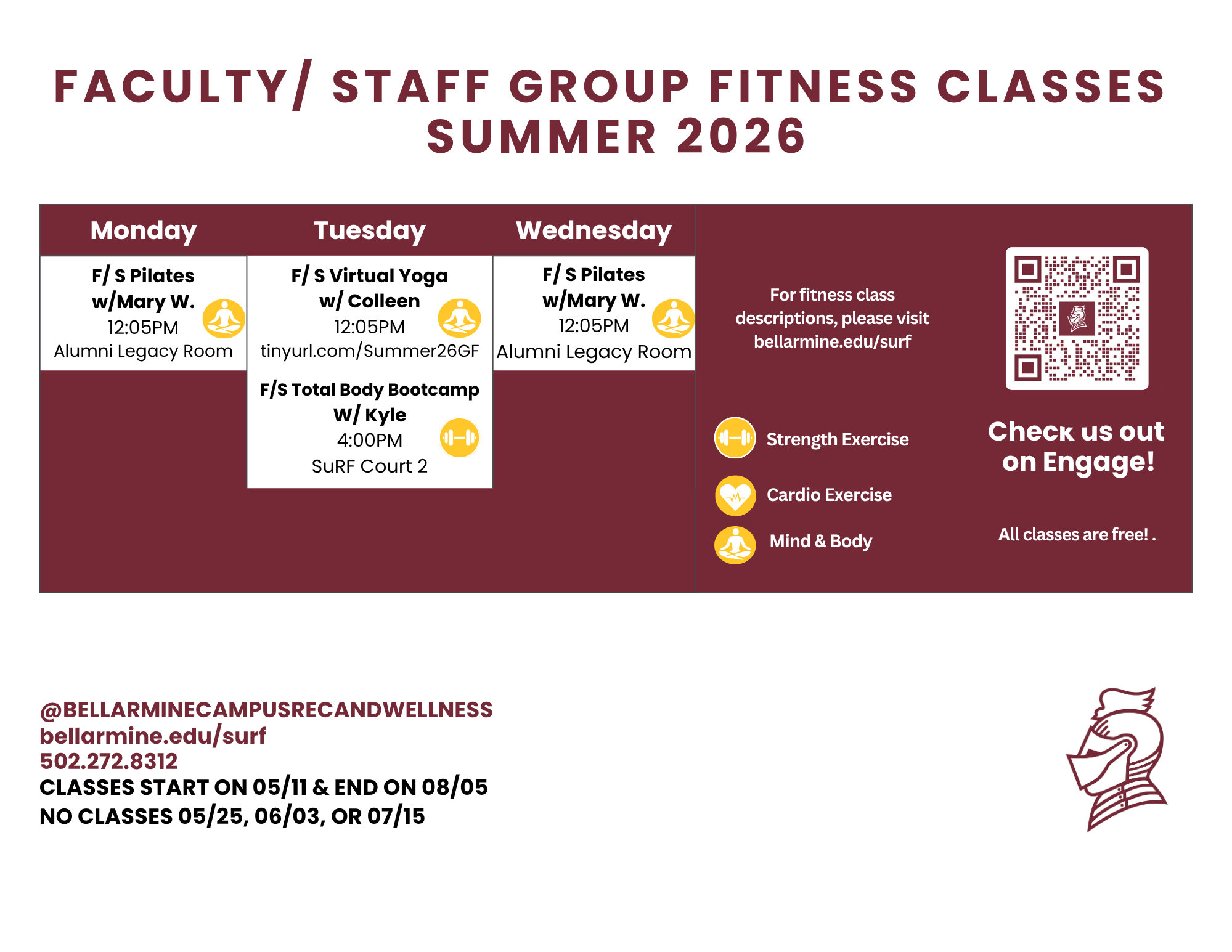 Group fitness schedule for faculty/staff during summer 