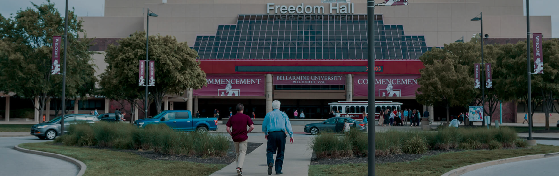 People walking into Freedom Hall at Commencement 2019