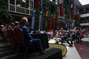 A crowd gathers for the Bellarmine/ASUN Conference D! announcement