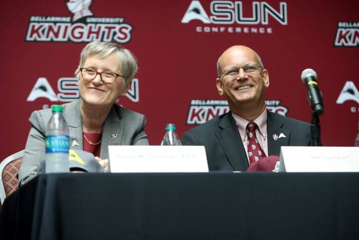 Bellarmine President Susan M. Donovan and ASUN Commissioner Ted Gumbart