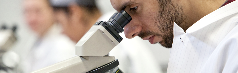 Student looking into microscope