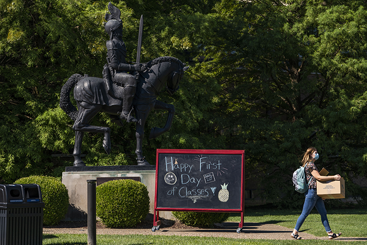 Student in quad during first day of school