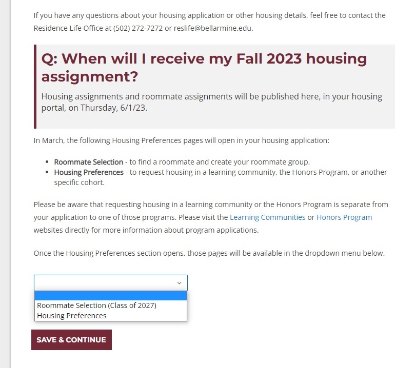 Screenshot of the Dropdown menu to select Housing Preferences