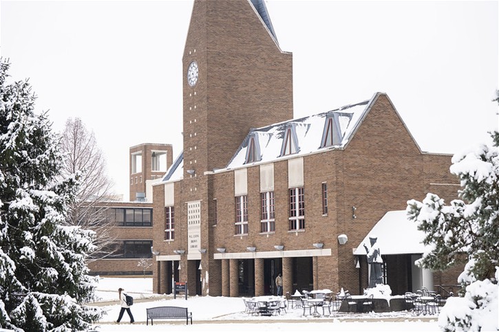 The Bellarmine University quad under a layer of snow.