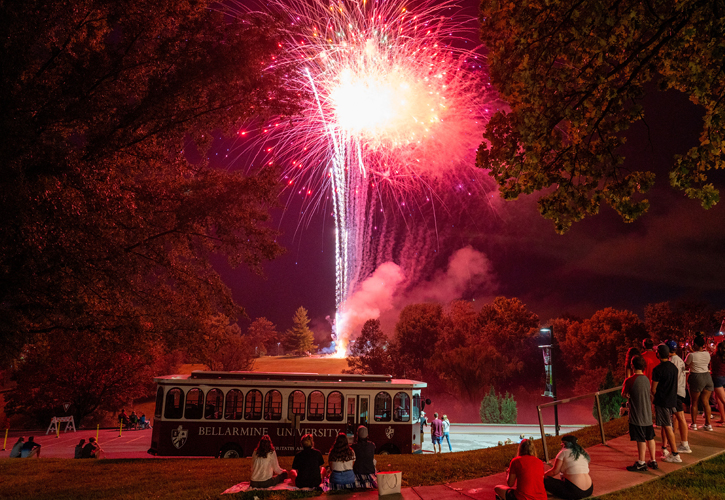 Students watching fireworks during orientation