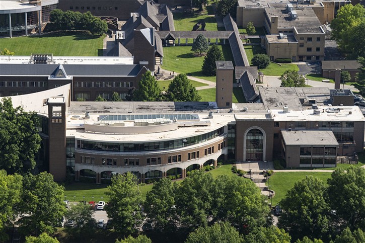 Aerial view of Bellarmine's campus showing buildings and quad.