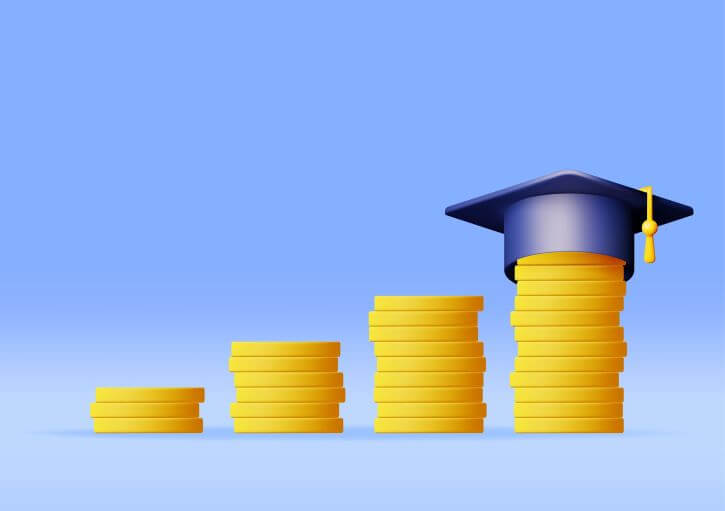 Illustration of college value: Increasing stacks of coins with tallest one "wearing" a graduation cap.