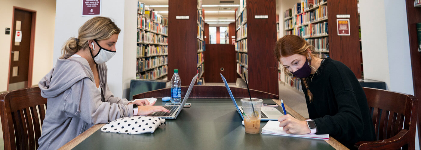 Two students studying in the library