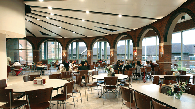 students eating at tables in the dining hall