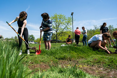 Students work in bellarmine's rain garden