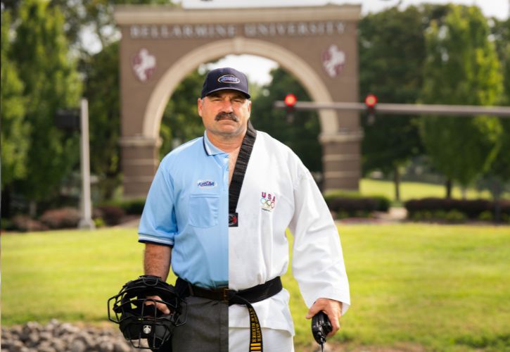 Kyle Rieber illustration: wearing half umpire uniform, half taekwondo uniform