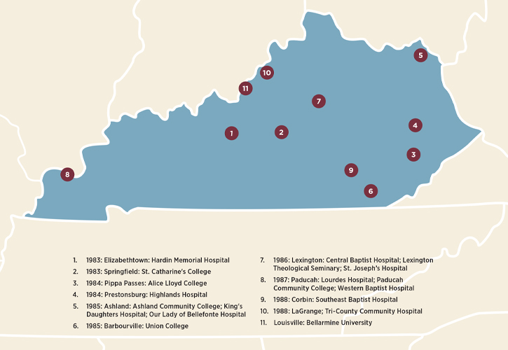 Map of the Outreach sites: Elizabethtown, Springfield, Pippa Passes, Prestonsburg, Ashland, Barbourville, Lexington, Paducah, Corbin, La Grange, Bellarmine