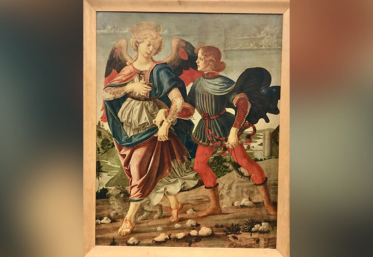 Tobias and the Angel, a reproduction painting returned to the Bellarmine library 42 years past the due date.