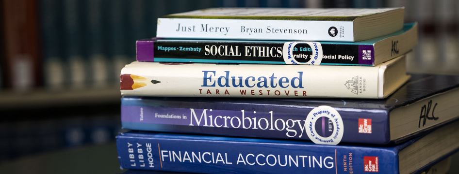 Books in the library stacked up