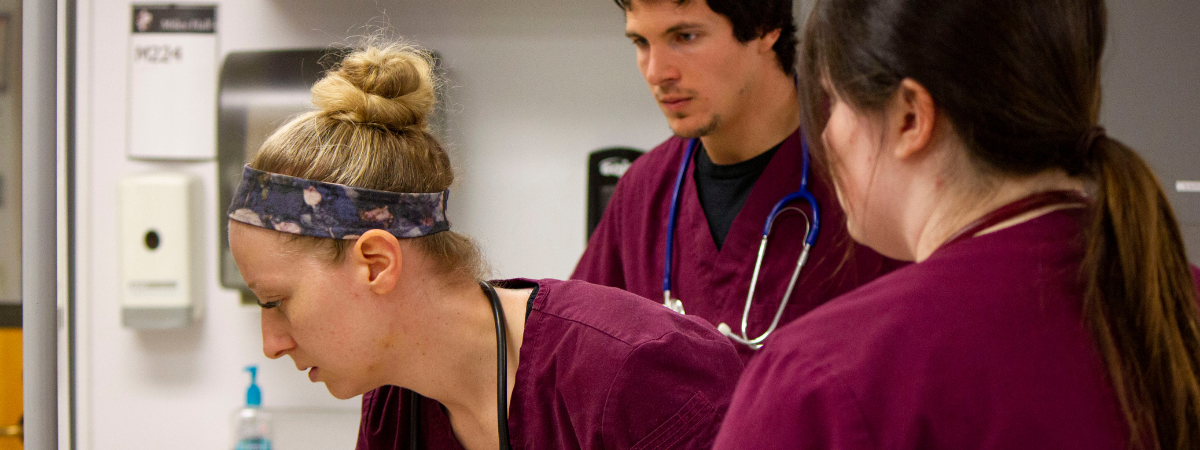 health care students practice in a clinical setting
