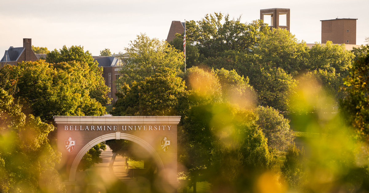 Photo of Bellarmine arch and green trees
