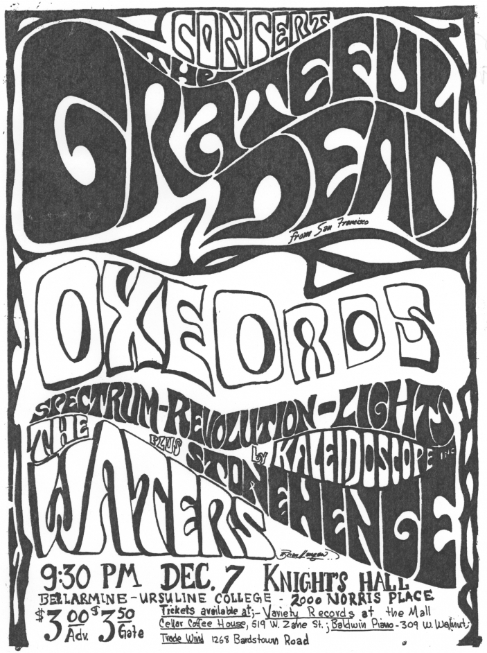black and white stylized poster advertising the grateful dead performance at knights hall.
