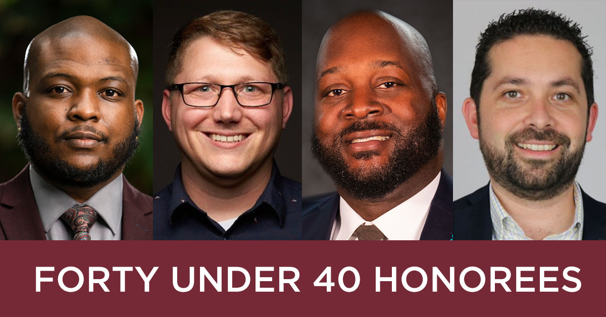 Headshots of Joseph Frazier, Nick Mattingly, James Wilkerson and David Lopez with the text "Forty Under 40 Honorees"