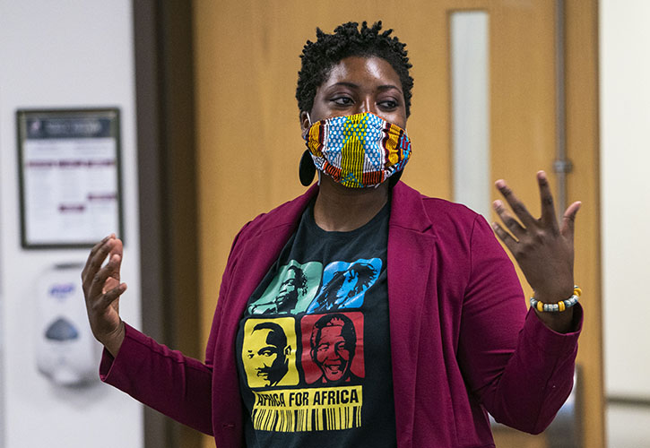 New faculty member, Dr. Jakia Marie, an assistant professor of sociology introduces herself during a welcome lunch at Bellarmine University in Louisville, Kentucky on Monday, August 17, 2020.