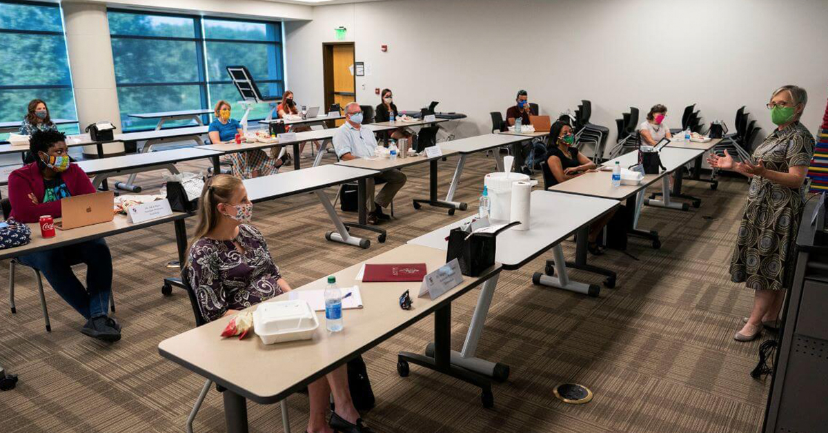 New Faculty for 2020-21 meet each other at a luncheon on Aug. 17, 2020.