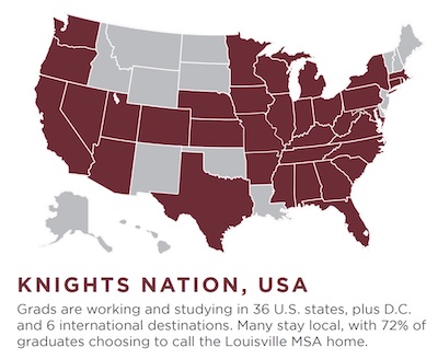 Maps showing that grads are working and studying in 36 states, plus D.C and 6 international destinations.