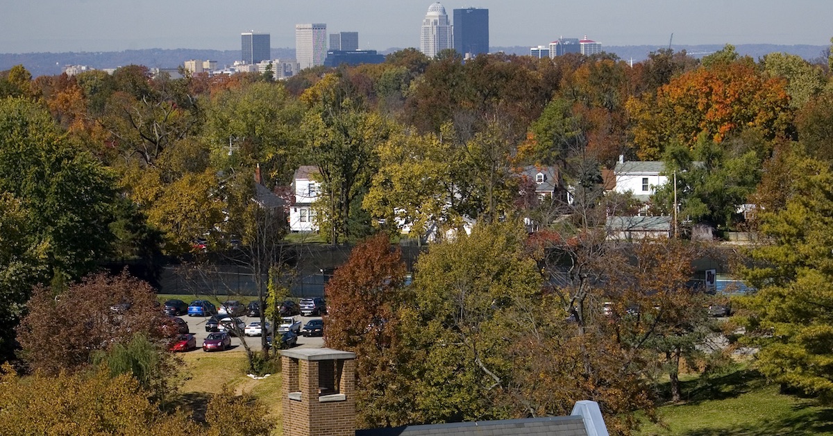 Louisville skyline with library roof