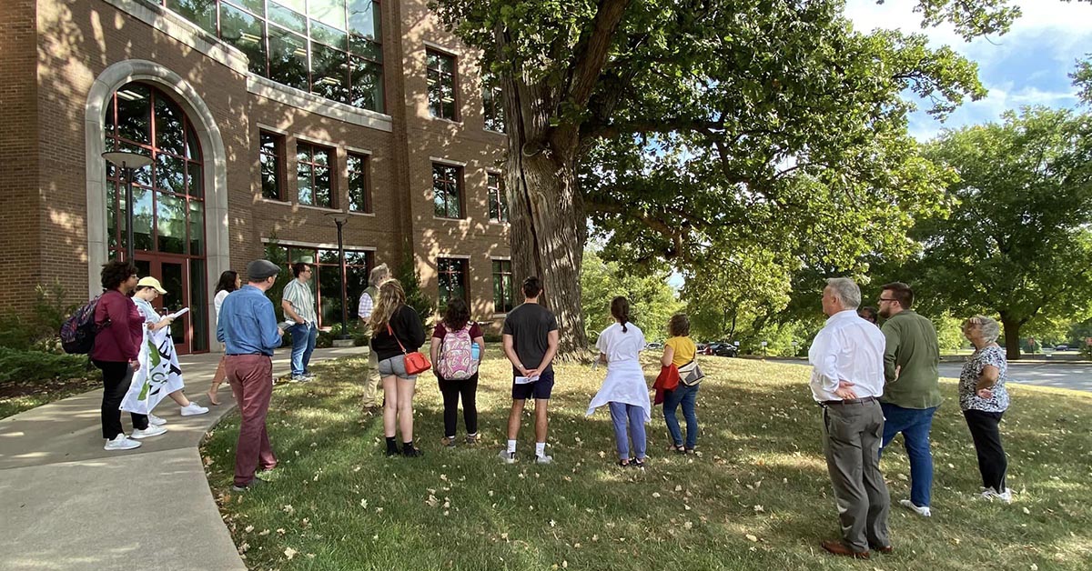 Bellarmine students, faculty and staff on a Tree Pilgrimage of Bellarmine's campus in 2022.