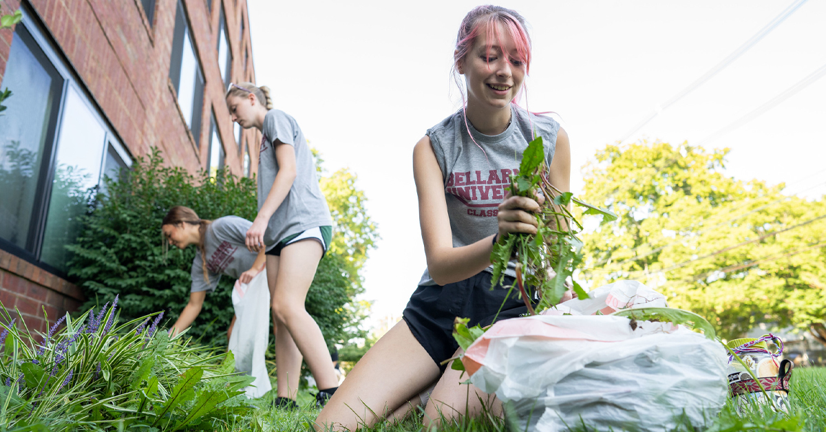 A student pulls weeds during Knights in Action 2022